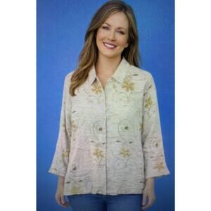 Chico's Design Large 100% Silk Embroidered Button Shirt Jacket Cottagecore farm